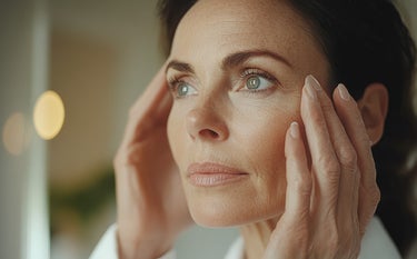 Kobieta w średnim wieku dotyka dłońmi swojej twarzy